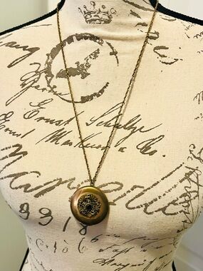 Vintage Brass Tone Round Locket Necklace Victorian Revival 26”
